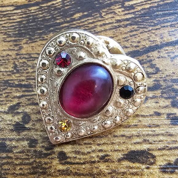 VTG Ballou Reg’d Heart Pin GoldTone Multicolored Rhinestones Red Center Cabochon - Picture 1 of 3